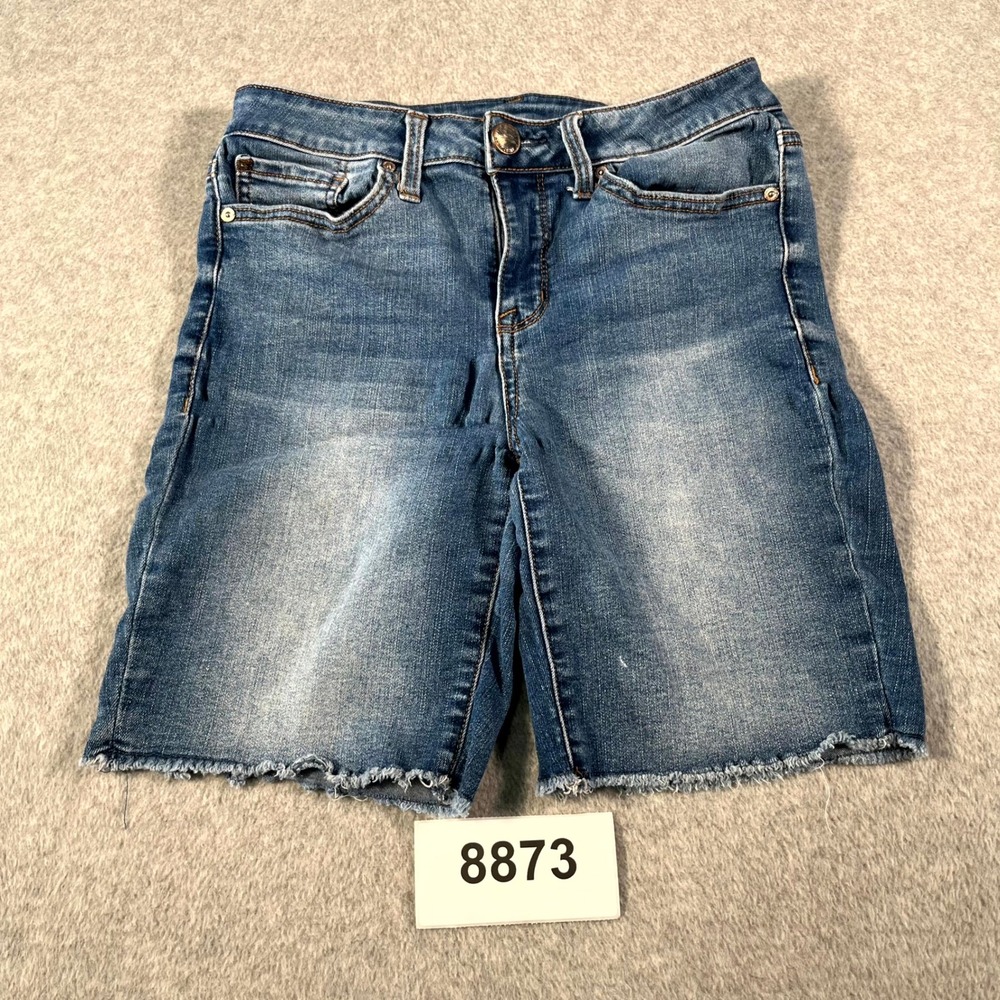 Seven7 Bermuda Shorts Womens 8 Blue Denim‎ Cotton Stretch Raw Hem Flat Front